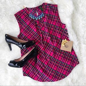 C WONDER Womens Plaid Print Sleeveless Pleated Top